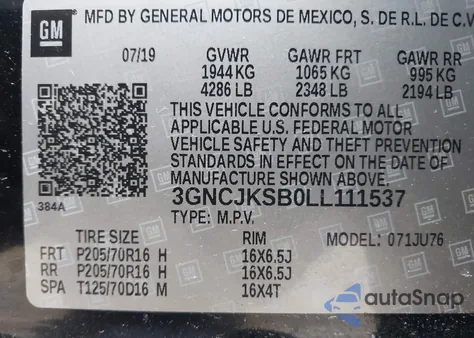 2020 Chevrolet Trax Fwd Ls z USA, uszkodzony, nr VIN 3GNCJKSB0LL111537